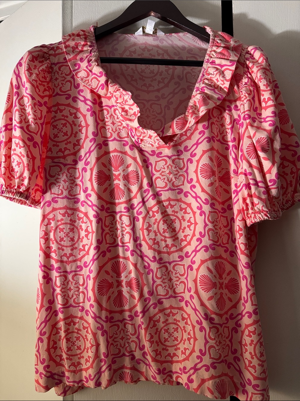 crown & ivy Pink and Coral Medallion Ruffle Neck Blouse